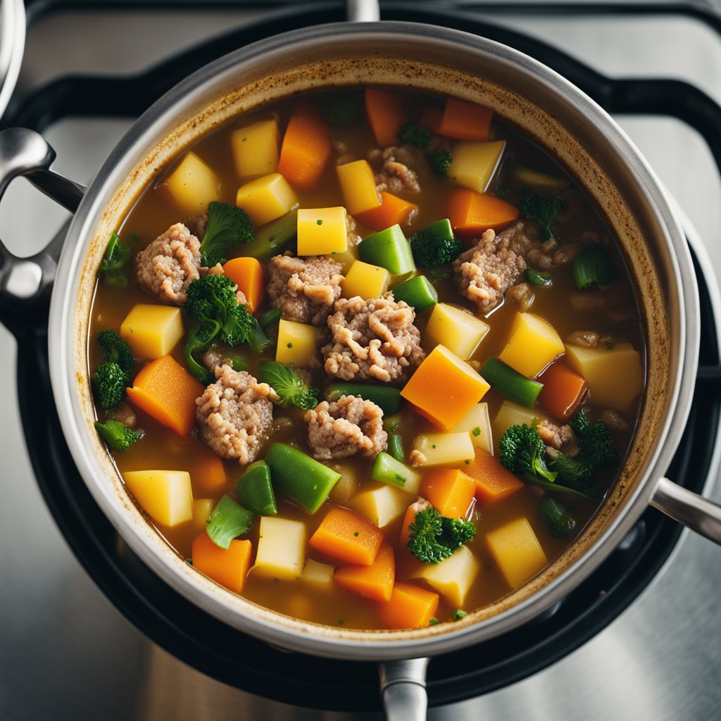 A pot of vegetable soup with ground meat simmering on a stovetop. Steam rises as colorful veggies float in the savory broth