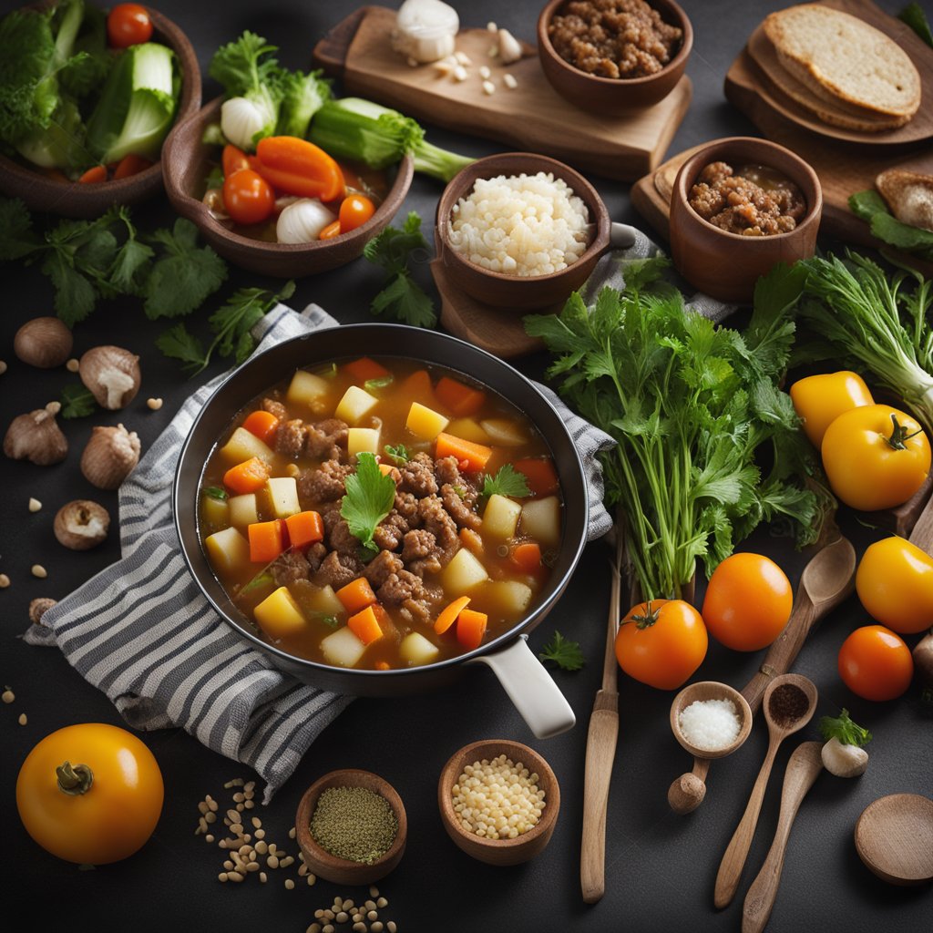 Cooking and assembling vegetable and ground beef soup recipe for cold days