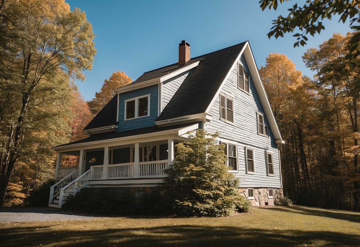 A house in Windham, ME with a newly installed roof, surrounded by trees and under a clear blue sky