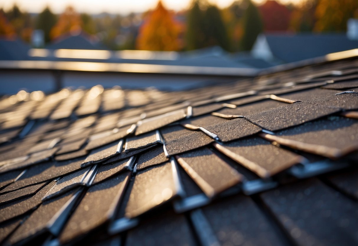 The scene shows various types of roofing materials such as shingles, tiles, and metal sheets, along with different solutions for residential roofing in Windham, ME