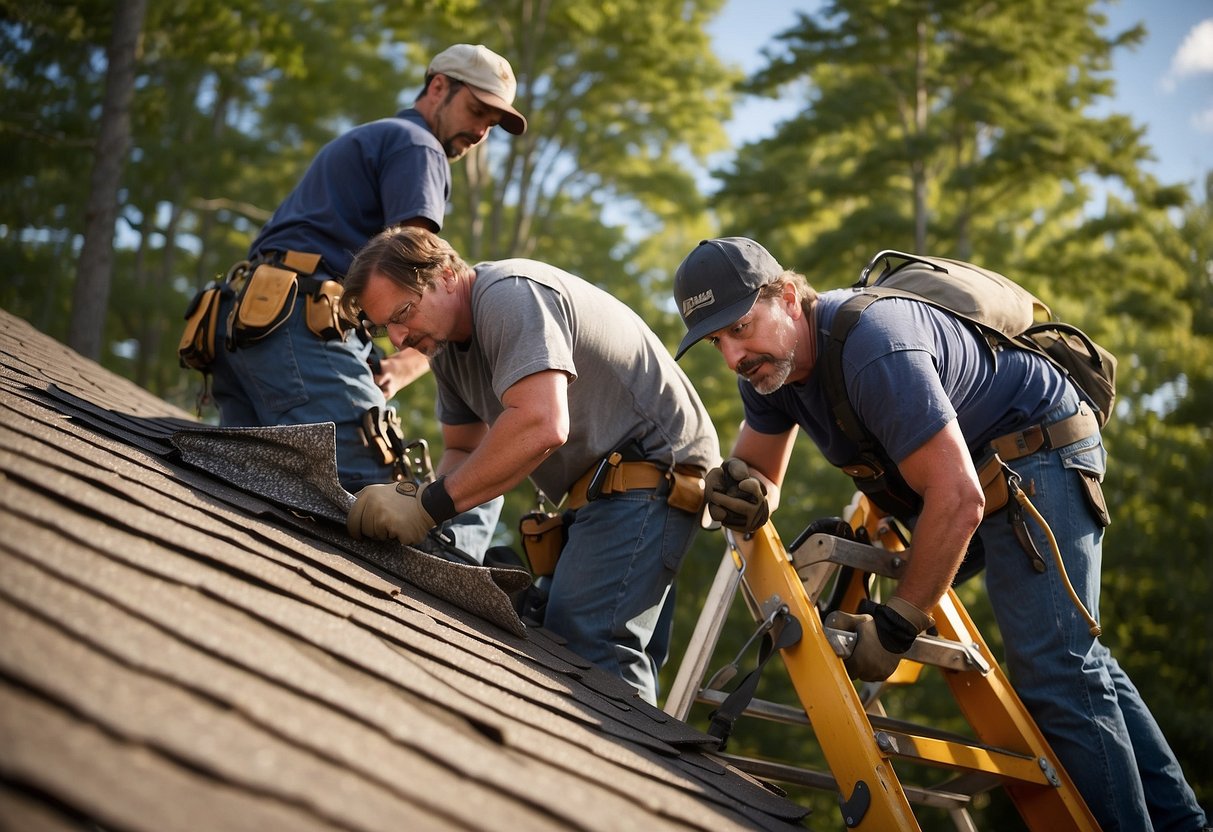 A crew installs new shingles on a suburban home's roof in Windham, ME. Ladders, tools, and materials are scattered around the work area