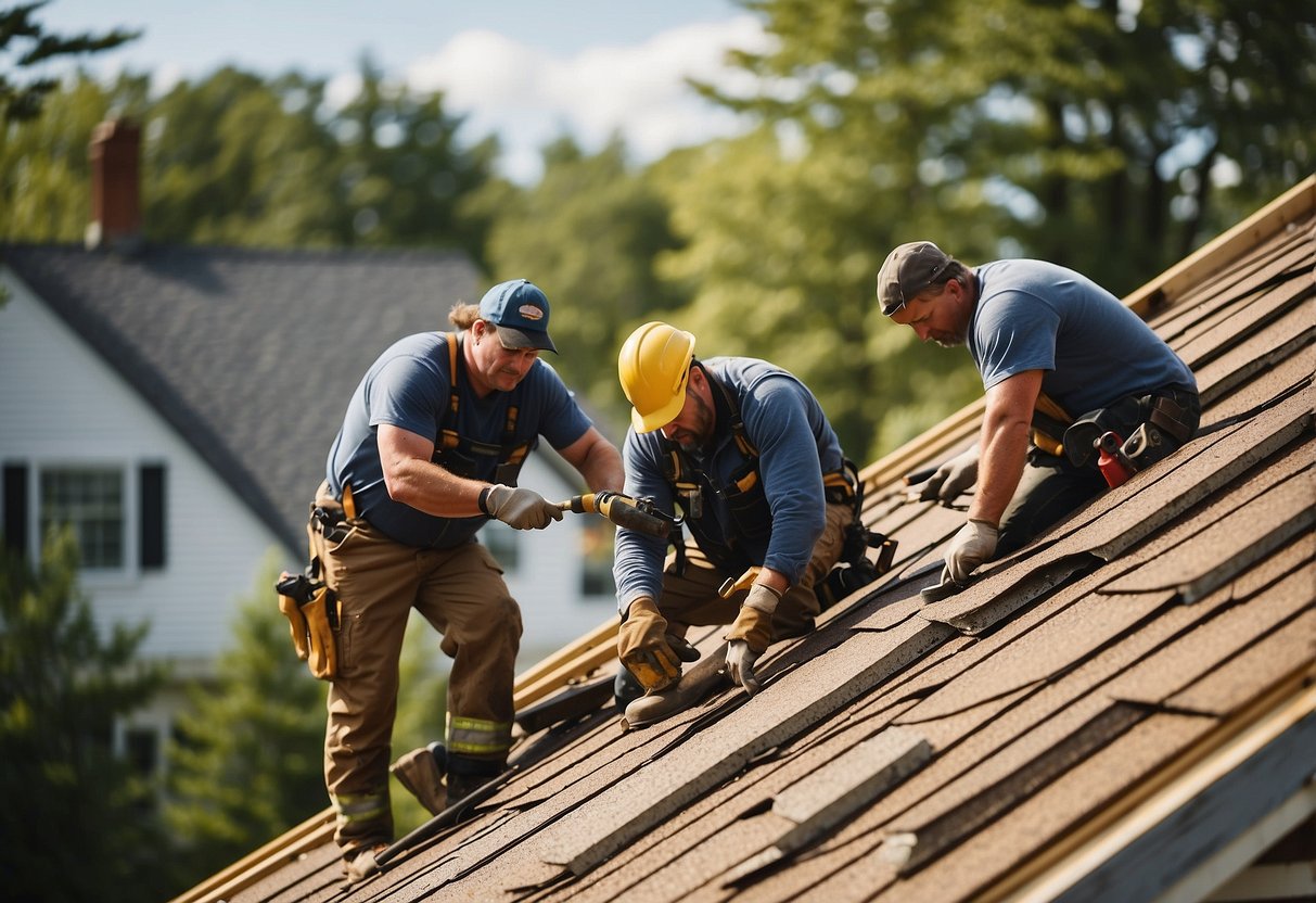 A team of workers repairing a residential roof in Windham, ME. Tools and materials scattered around the site