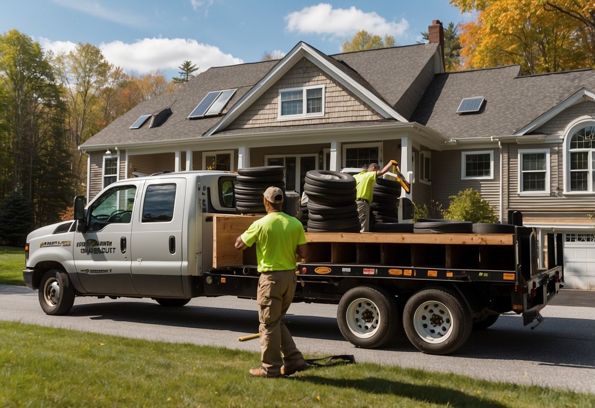 A crew unloads roofing materials from a truck at a suburban home in Windham, ME. The sun is shining as they prepare to start the residential roofing project