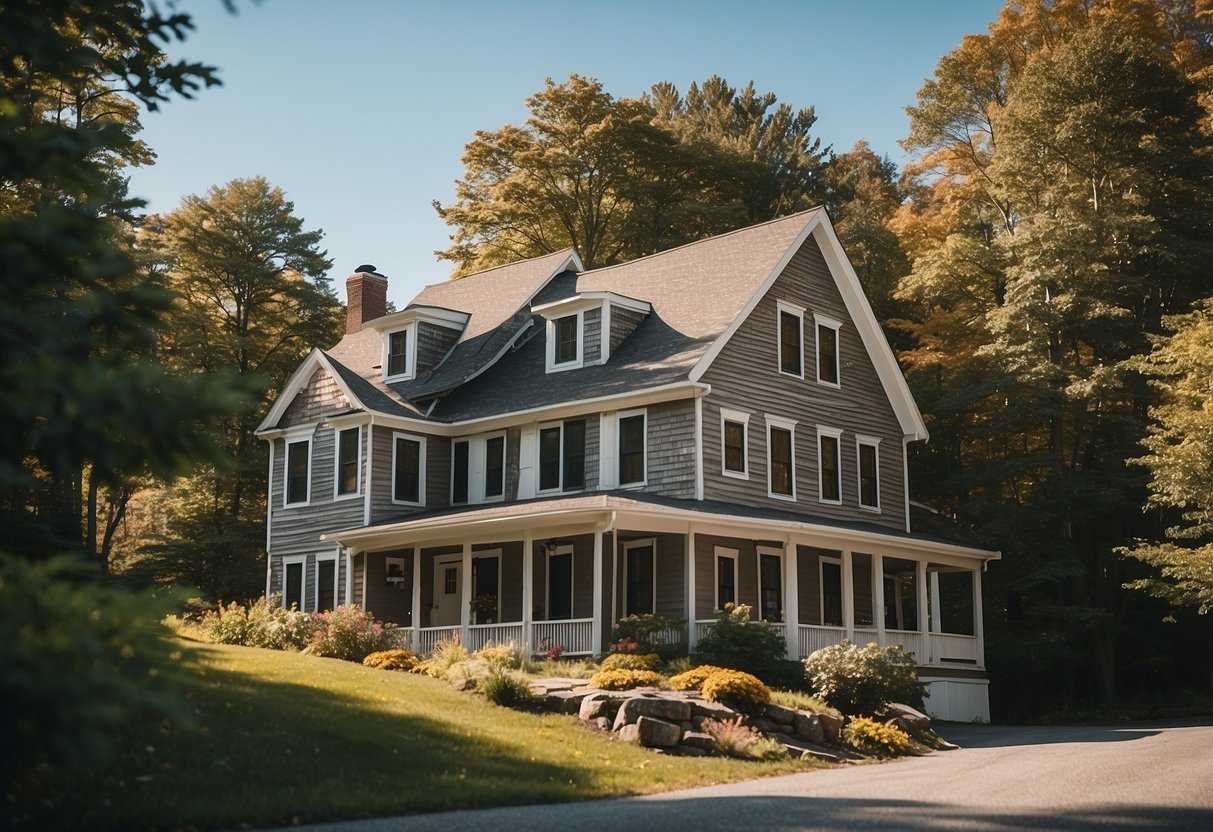 A residential house with a sloped roof in Windham, ME, surrounded by trees and under a clear sky