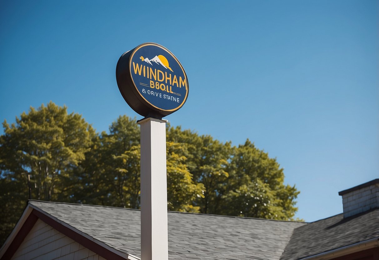 A sunny day in Windham, ME. A residential roofing company's sign stands tall against a clear blue sky, surrounded by well-kept homes