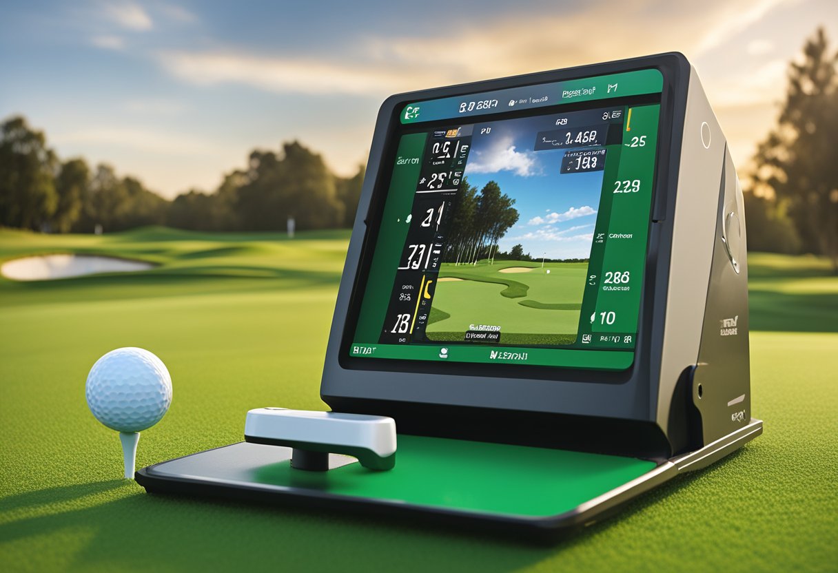 A golf launch monitor sits on a pristine driving range, surrounded by lush green grass and blue skies. The monitor's sleek design and advanced technology are highlighted, emphasizing its status as a top choice for serious golfers