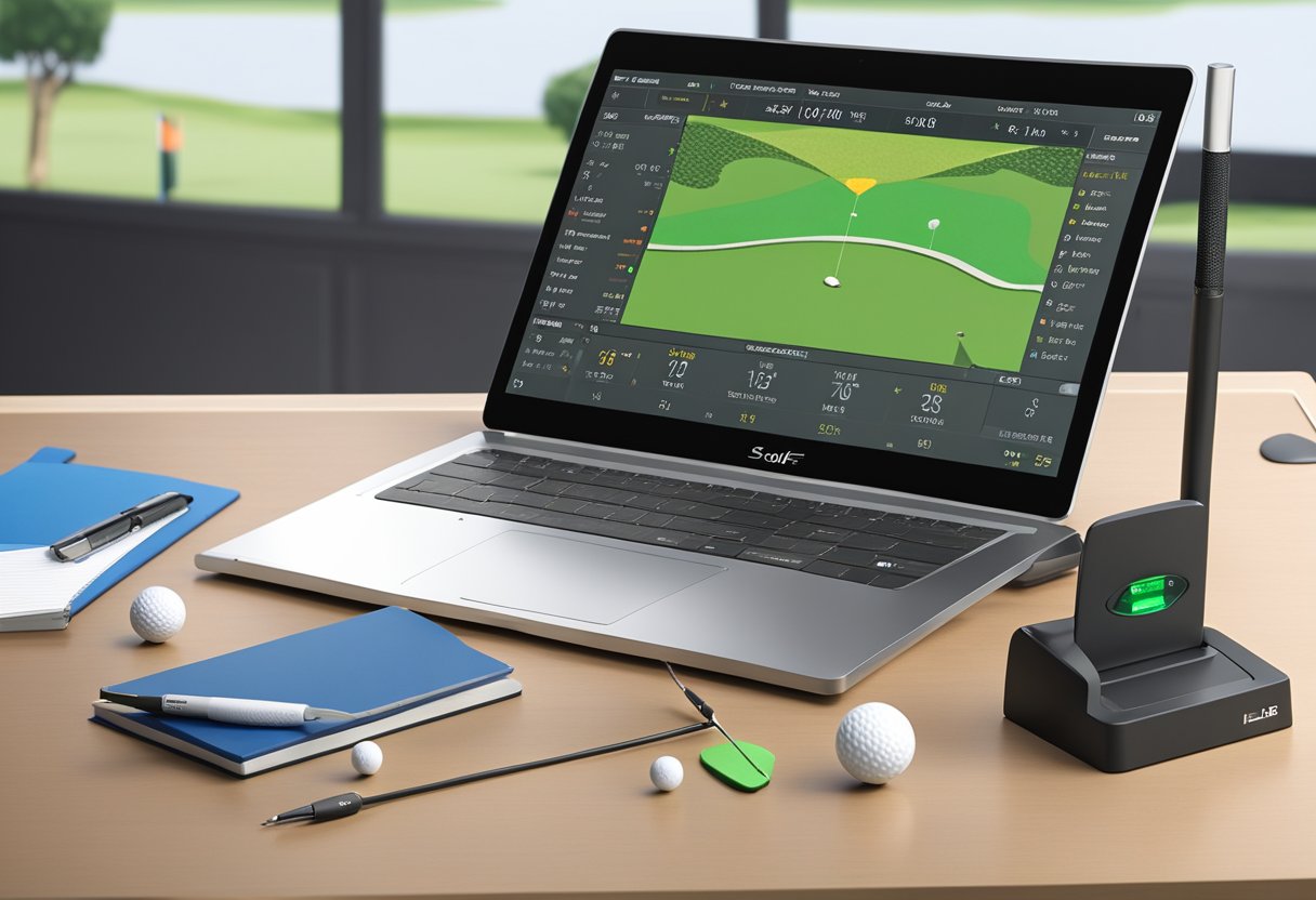 A golf launch monitor sits on a sleek, modern desk. The device is surrounded by golf balls, a club, and a notebook with charts and data. A computer screen displays detailed swing analytics