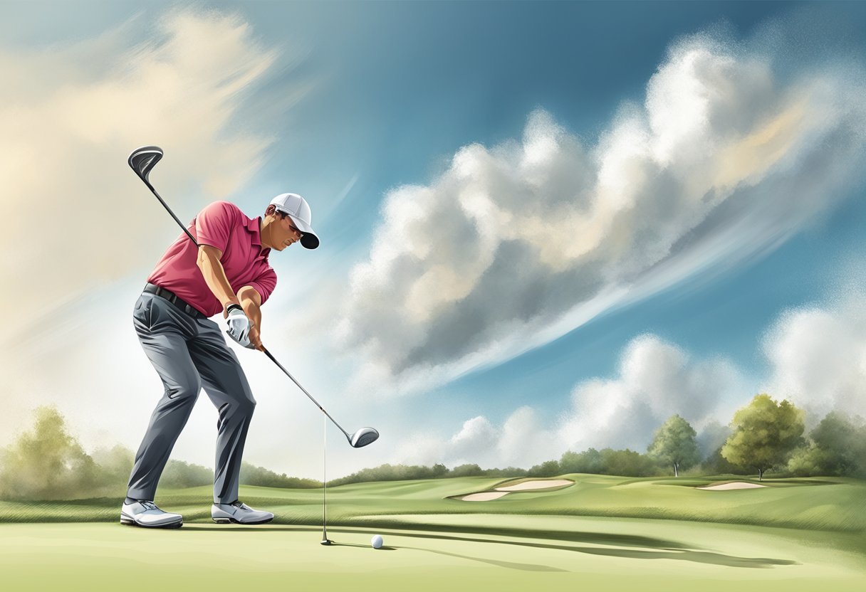 A golfer swings a club with force and precision, aided by training tools