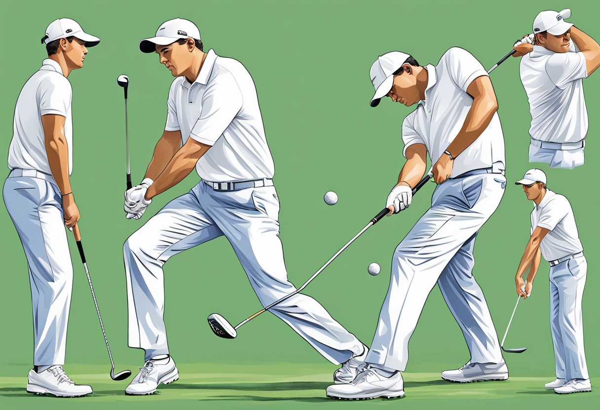 A golfer swings a club, focusing on precision and control. Training aids surround the player, enhancing their short game techniques