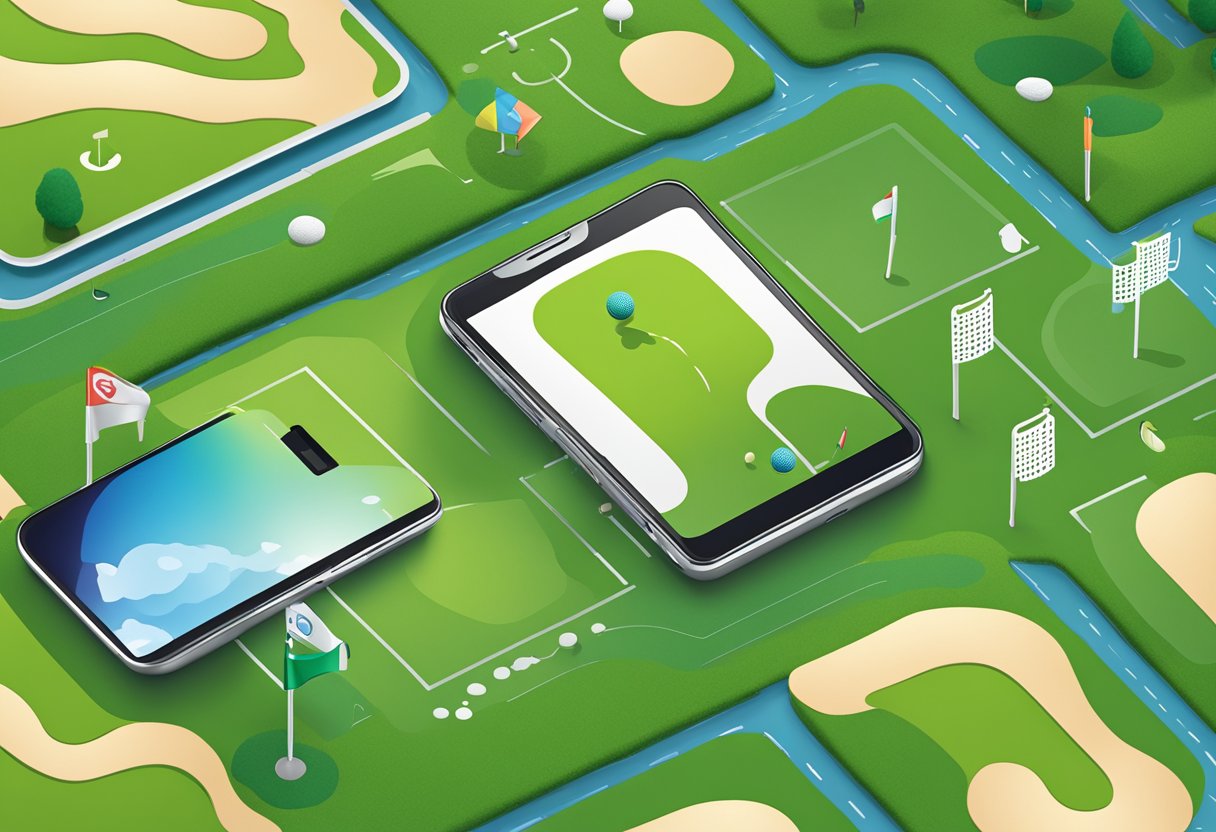 A smartphone displaying golf app icons, with a golf course in the background. The app icons show tracking and handicap features