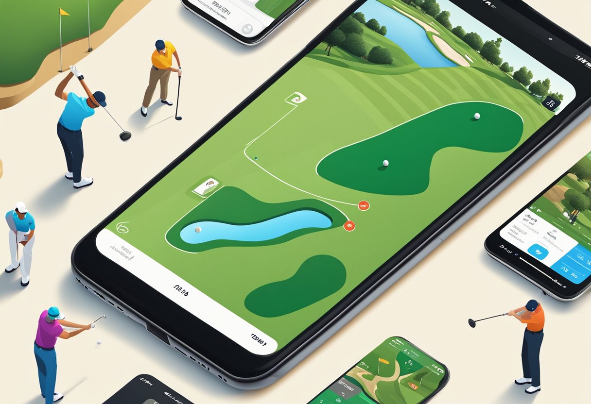 A golfer swipes through a golf app on a smartphone, with features like social sharing and gaming. The phone displays colorful graphics and interactive tools for improving gameplay