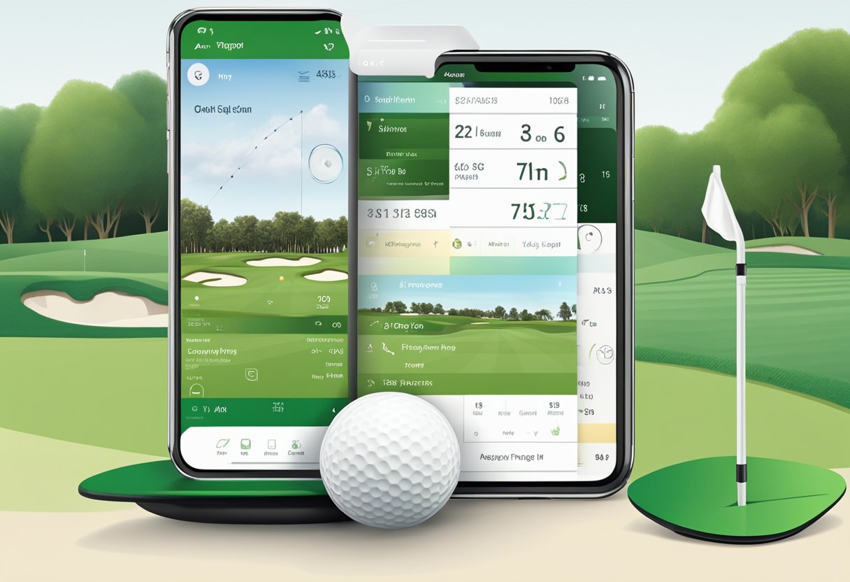 A smartphone with a golf app open, showing various features like swing analysis, course maps, and score tracking. The background could include a golf course or a player practicing