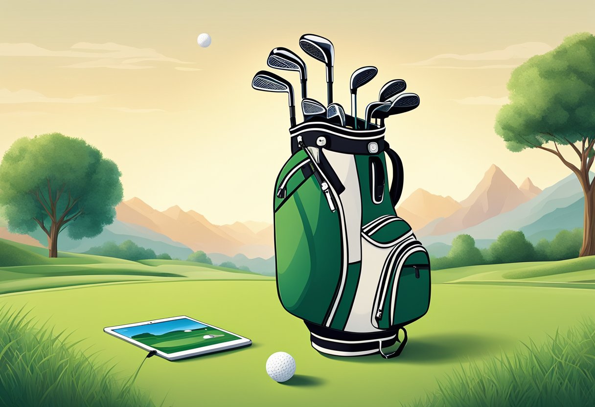 A golf bag sits open on the green, revealing smart sensors and fitness trackers. A golf club leans against the bag, ready for use