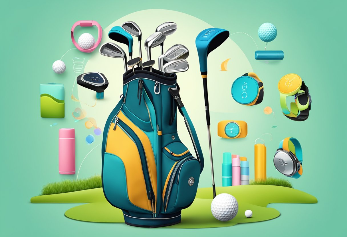 A golf bag filled with smart sensors and fitness trackers, surrounded by budget-friendly golf accessories