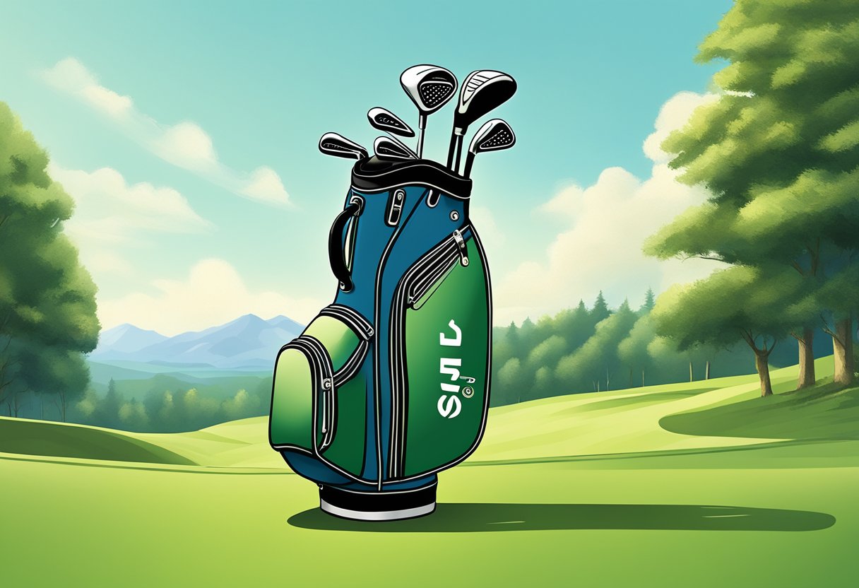 A golf bag with built-in GPS and charging ports sits on a lush green fairway, surrounded by rolling hills and a clear blue sky