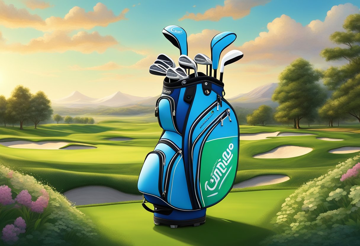 A high-tech golf bag with built-in GPS and charging ports sits on a lush green golf course, surrounded by pristine fairways and blue skies