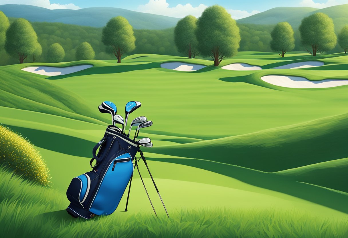 A golf bag with built-in GPS and charging ports sits on a lush green fairway, surrounded by rolling hills and blue skies