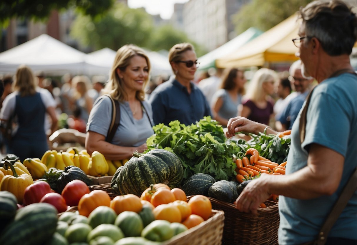 Ein geschäftiger Bauernmarkt mit farbenfrohen Ständen, an denen Bio-Produkte, wiederverwendbare Taschen und umweltfreundliche Produkte verkauft werden. Käufer unterhalten sich mit Verkäufern und transportieren ihre Einkäufe in nachhaltigen Behältern