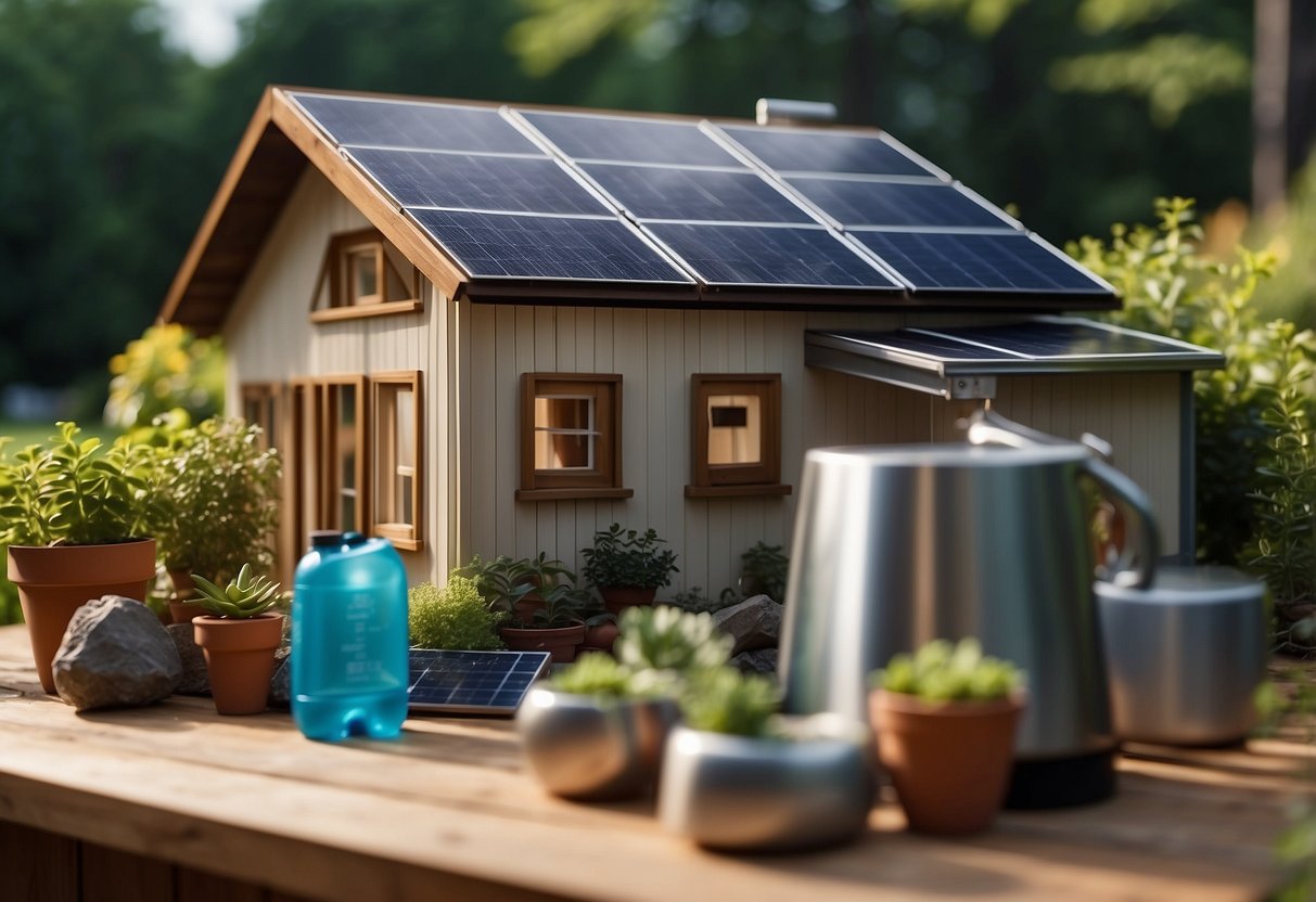 Ein Einfamilienhaus mit Sonnenkollektoren auf dem Dach, einem Kompostbehälter im Hinterhof, wiederverwendbaren Wasserflaschen auf der Küchentheke und LED-Glühbirnen im ganzen Haus