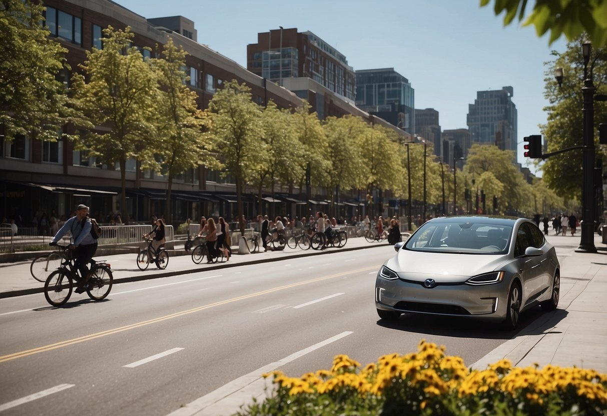 Eine belebte Stadtstraße mit Elektroautos, Fahrrädern und Fußgängern. Grünflächen säumen die Gehwege und Sonnenkollektoren schmücken die Gebäude