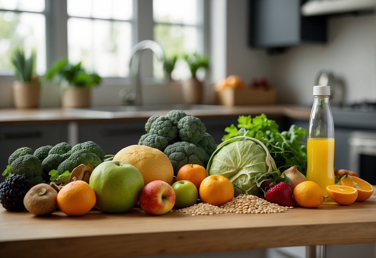 Ein Tisch mit verschiedenen Obst-, Gemüse- und Getreidesorten. Mehrwegbehälter und Kompostbehälter in der Nähe. Umweltfreundliche Einkaufstüten und eine wiederverwendbare Wasserflasche auf dem Tisch