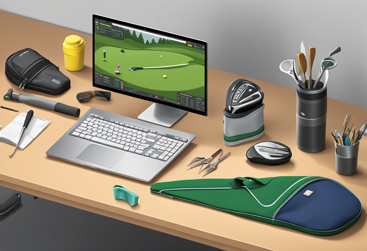 A golfer's bag open on a workbench, with various tools and equipment laid out for customization. A computer screen displays player requirements and customization options