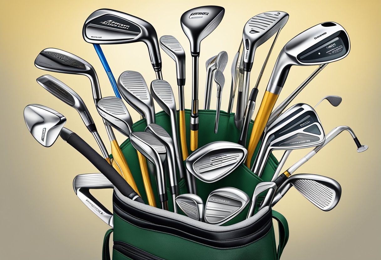 A golfer's bag sits open, revealing a selection of custom golf clubs. A precision tool kit is nearby, ready for fine-tuning