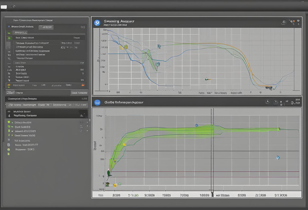 A golf swing analyzer capturing data, with a computer displaying video analysis software for swing improvement