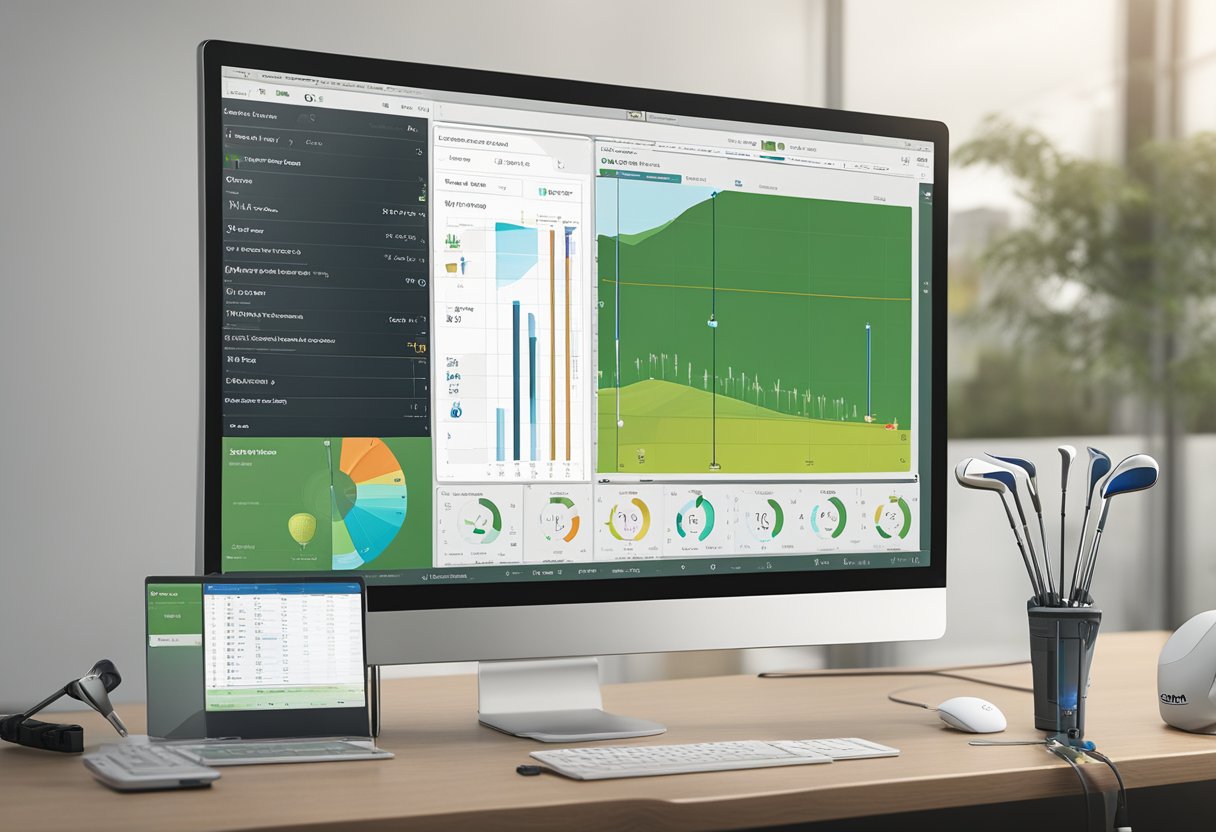 A golf club connected to a computer with analysis software displayed on the screen, showing various swing metrics and data visualization