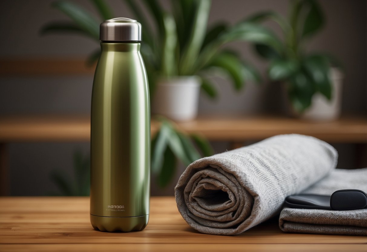 Eine wiederverwendbare Wasserflasche aus Metall, eine Bambuszahnbürste und eine Einkaufstasche aus Stoff auf einem Holztisch