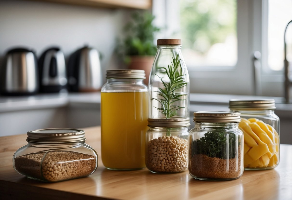 Eine Küche mit wiederverwendbaren Behältern, Stoffbeuteln und Gläsern. Auf der Theke steht eine Metallwasserflasche. Kein Plastik in Sicht