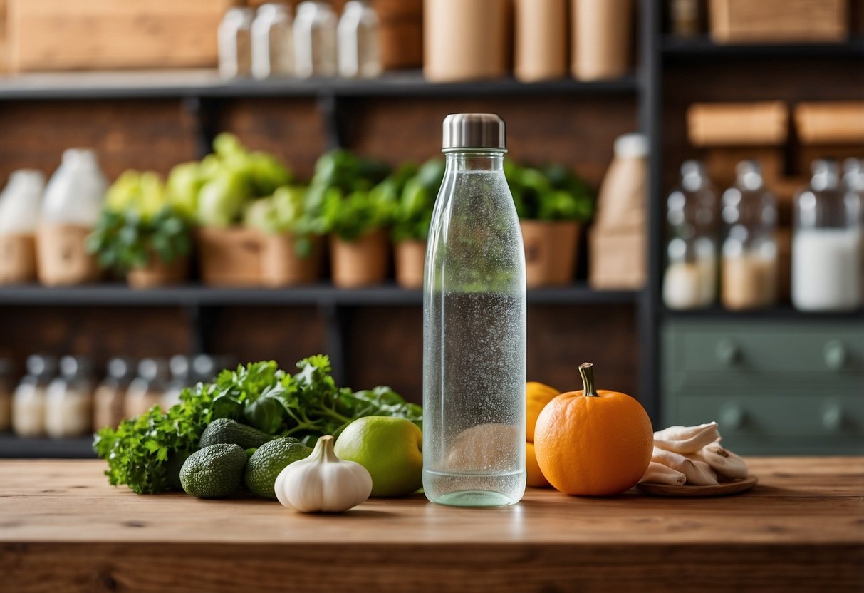 Eine wiederverwendbare Wasserflasche, Metallstrohhalme und Einkaufstüten aus Stoff stehen auf einem Holztisch, umgeben von frischen Produkten und Massenartikeln. Mit Schüttgütern gefüllte Gläser säumen die Regale im Hintergrund