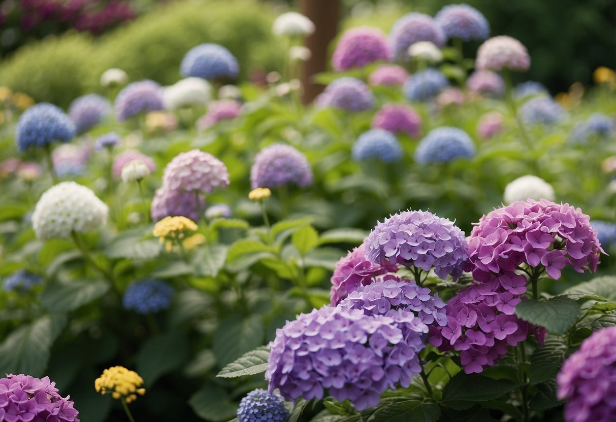 Lush garden bed with colorful blooms: hydrangeas, lavender, and coneflowers. Green foliage fills the background with a mix of textures and heights