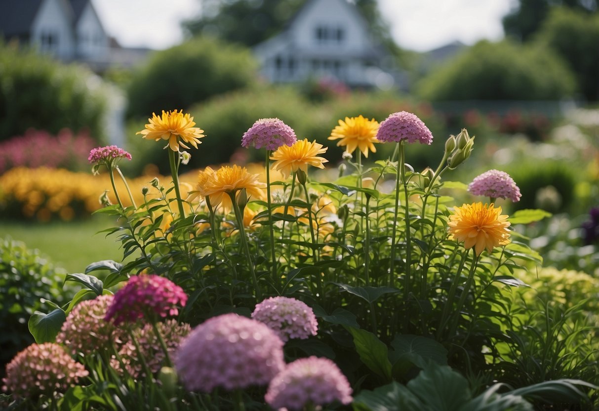 Lush garden bed with vibrant perennials, including hydrangeas, daylilies, and coneflowers, set against a backdrop of a coastal Long Island landscape