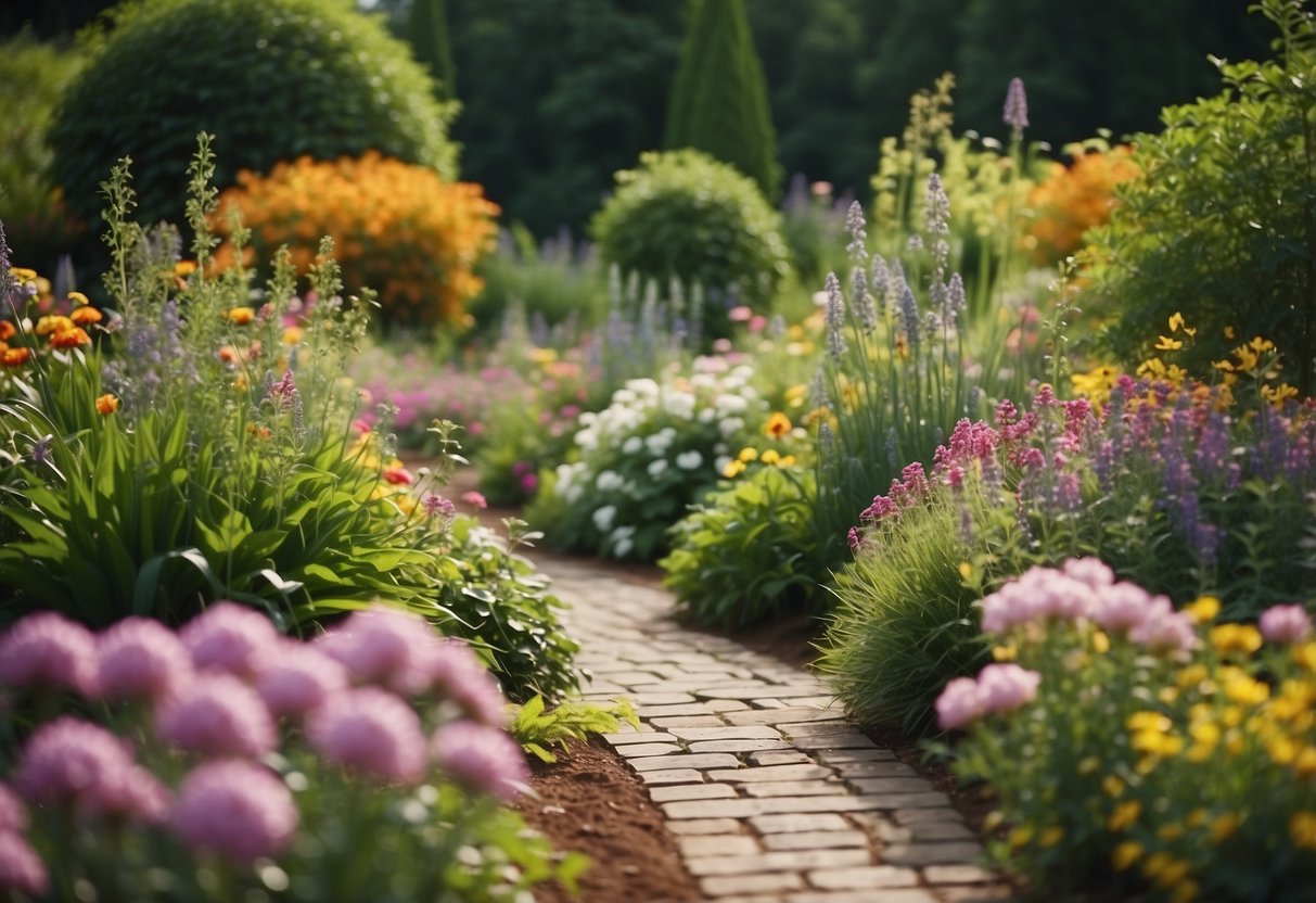 Lush garden with colorful perennials in full bloom, surrounded by well-maintained pathways and neatly trimmed borders