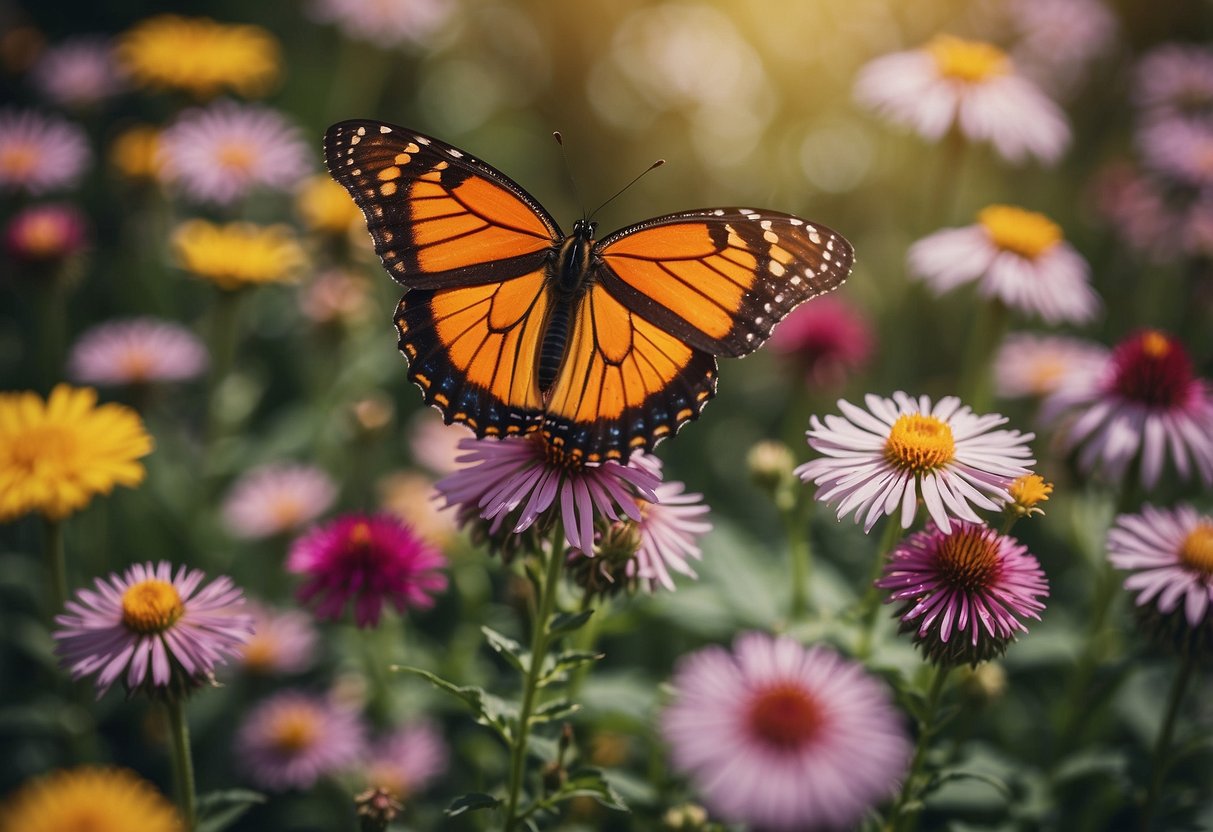 Colorful perennials in bloom, surrounded by buzzing bees and fluttering butterflies. A variety of wildlife is attracted to the vibrant flowers, creating a lively and diverse ecosystem