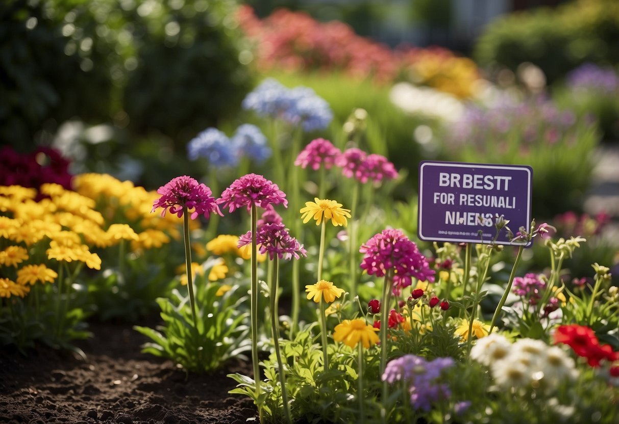 Colorful perennials fill a garden bed, labeled "Best for Long Island." A sign reads "Frequently Asked Questions" in the background