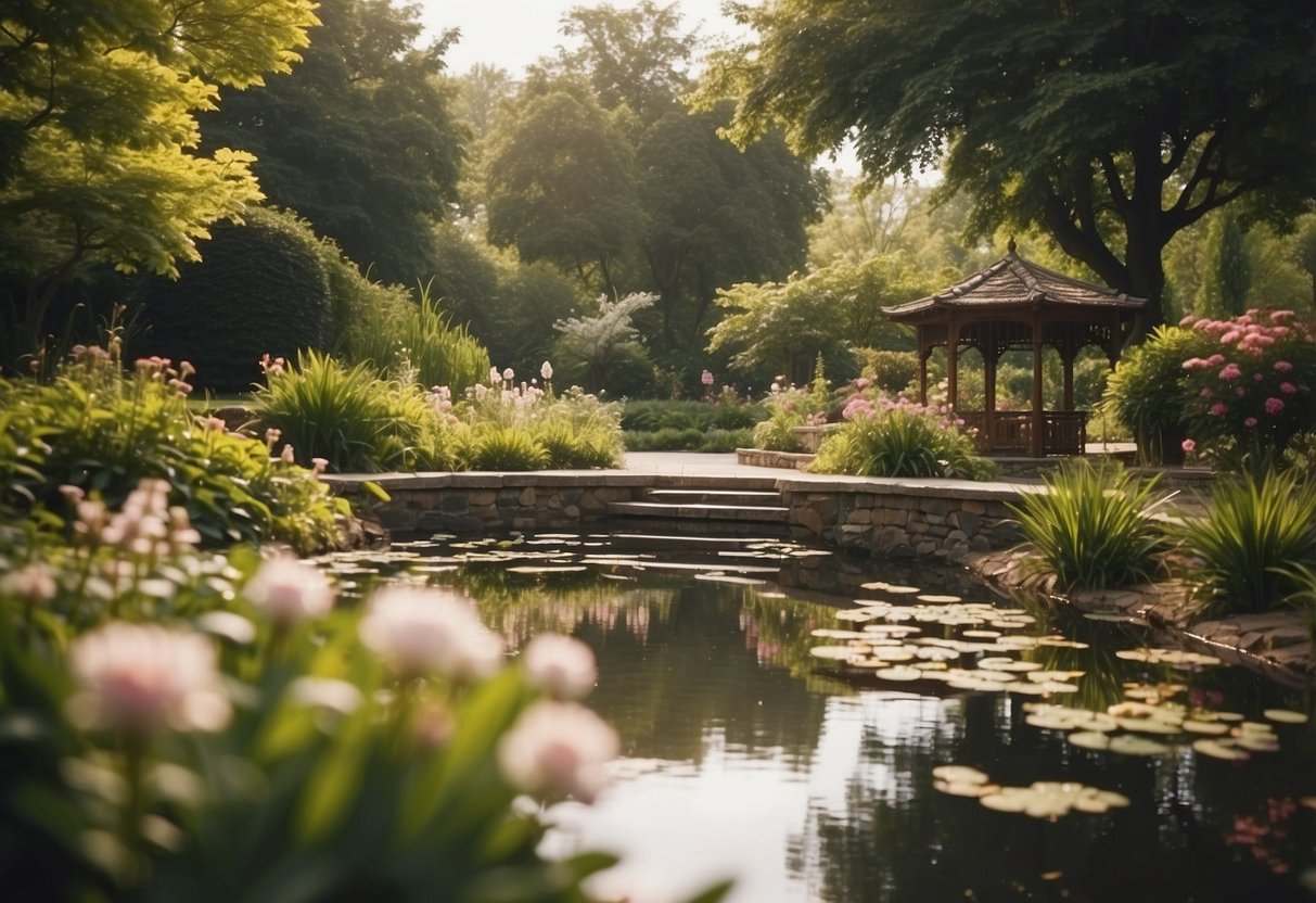 Ein ruhiger Garten mit einem friedlichen Teich, umgeben von blühenden Blumen und üppigem Grün, mit einer sanften Brise, die durch die Blätter raschelt, und dem Zwitschern der Vögel im Hintergrund