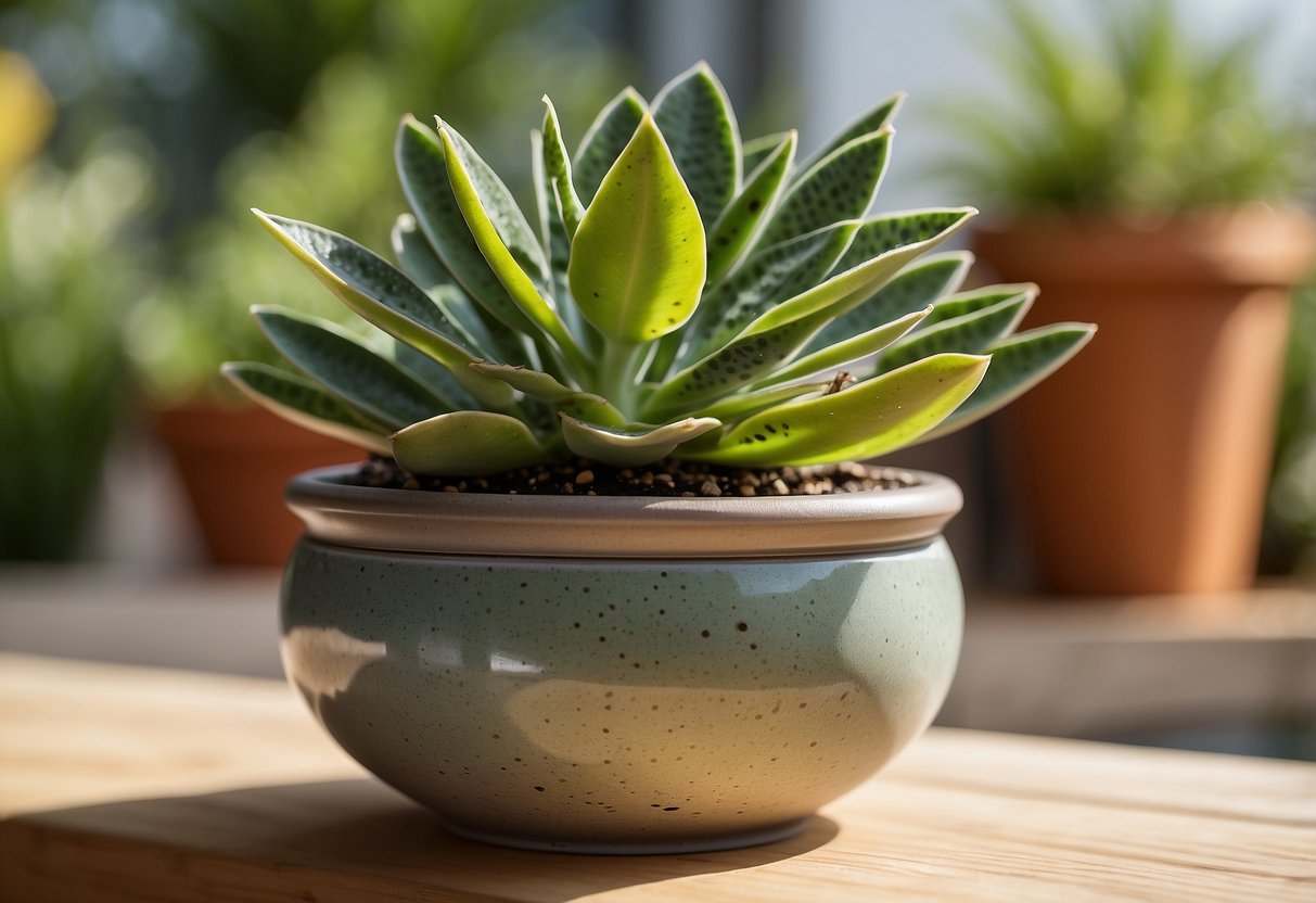 Mother of millions plant sits in a decorative pot, surrounded by other vibrant plants. It receives gentle sunlight and regular watering