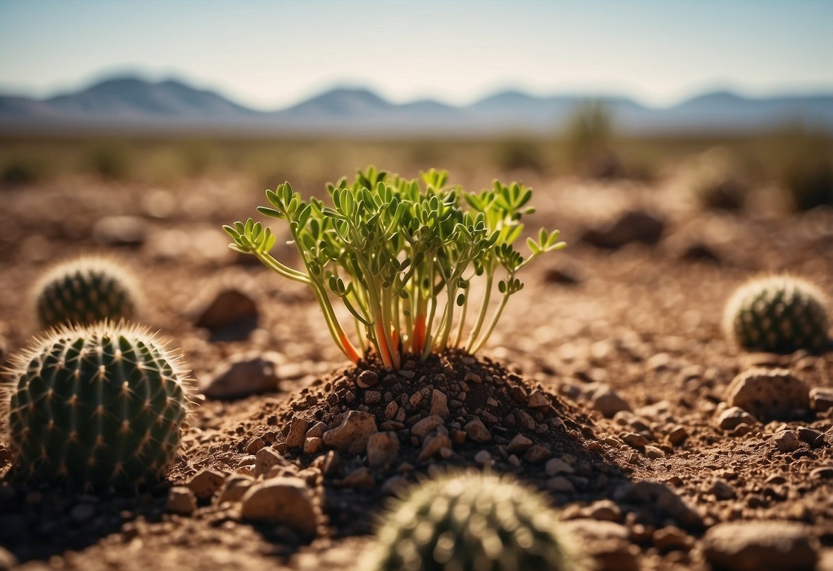 Carrots sprout in dry Arizona soil under a bright sun, surrounded by cacti and desert plants