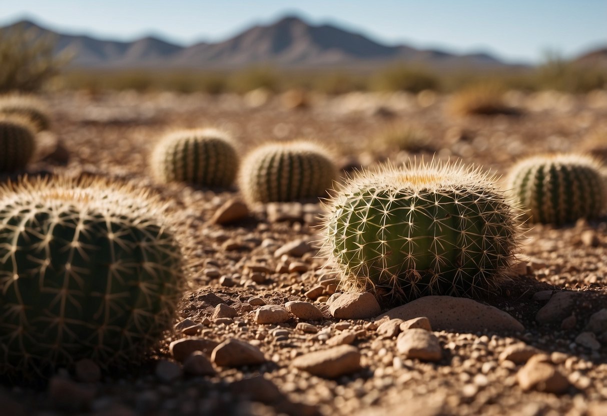 A sunny Arizona landscape with dry soil, cacti, and a clear blue sky. The scene depicts the ideal conditions for growing carrots in the desert climate