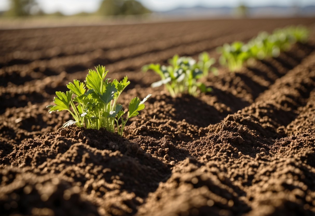 Rich, sandy soil being tilled and mixed with compost under the Arizona sun. Carrot seeds being planted in rows with adequate spacing, How to Grow Carrots in Arizona: Effective Tips for Hot Climates