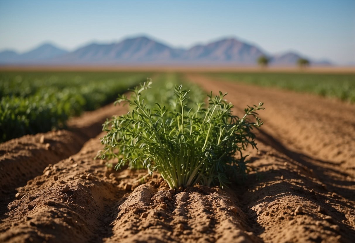 A desert landscape with a drip irrigation system watering rows of carrot plants in the dry Arizona soil