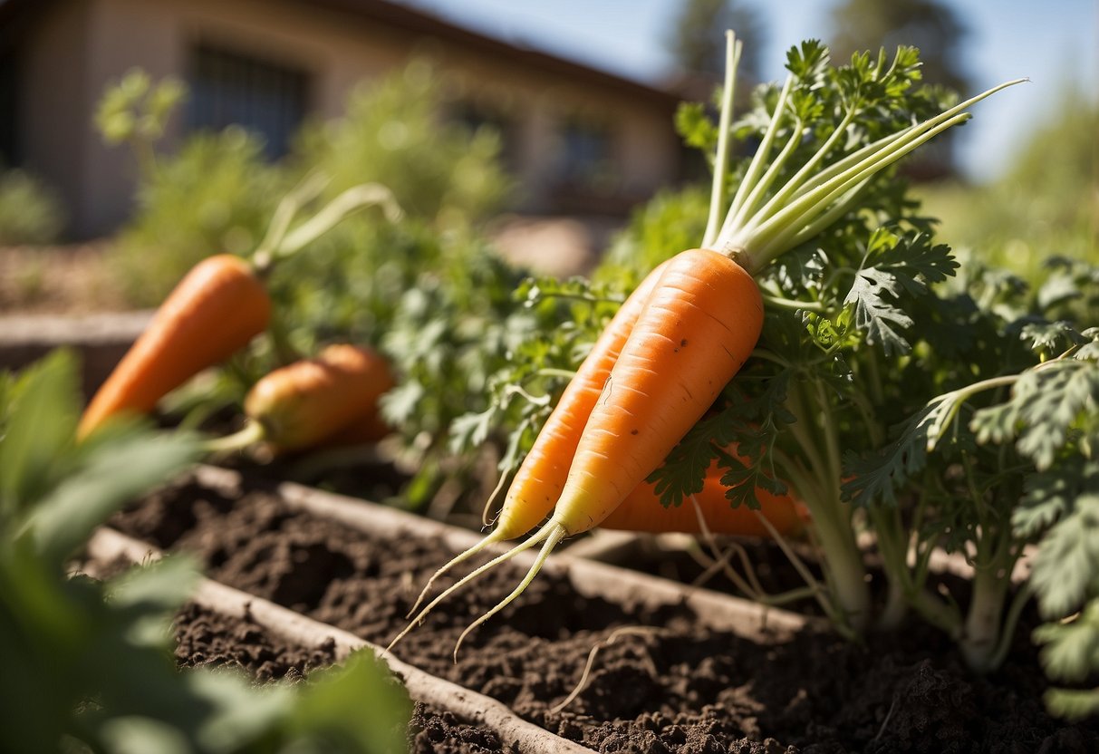 Carrots growing in a sunny Arizona garden, surrounded by pest and disease control measures like row covers and organic sprays