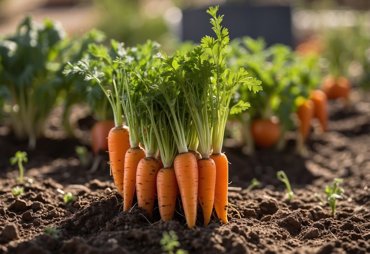 Carrots thrive in Arizona's dry climate with proper companion planting and crop rotation. Show carrots growing alongside onions and tomatoes in a sunny garden bed