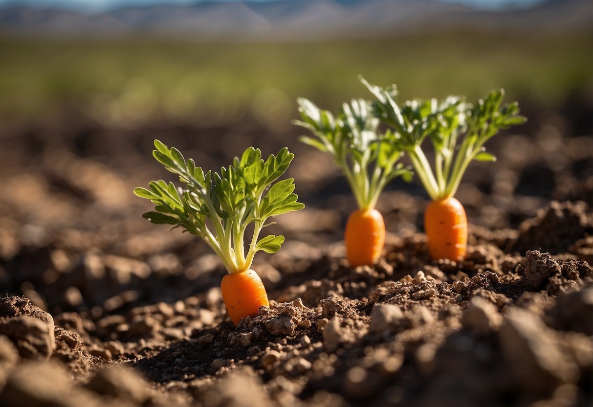Carrots sprouting from dry Arizona soil under a scorching sun
