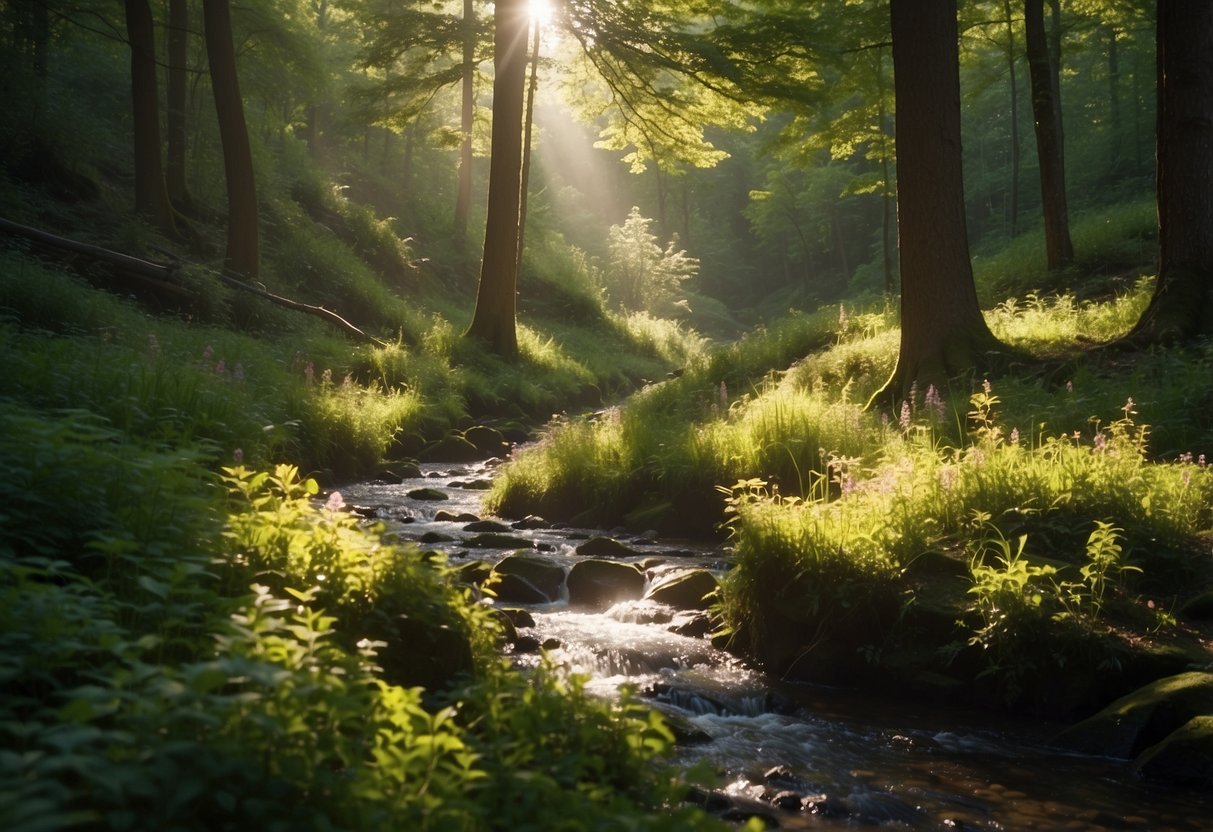 Eine ruhige Waldlichtung, in der das Sonnenlicht durch die Bäume dringt und gesprenkelte Schatten auf den Boden wirft. Im Hintergrund plätschert sanft ein kleiner Bach, umgeben von üppigem Grün und bunten Wildblumen