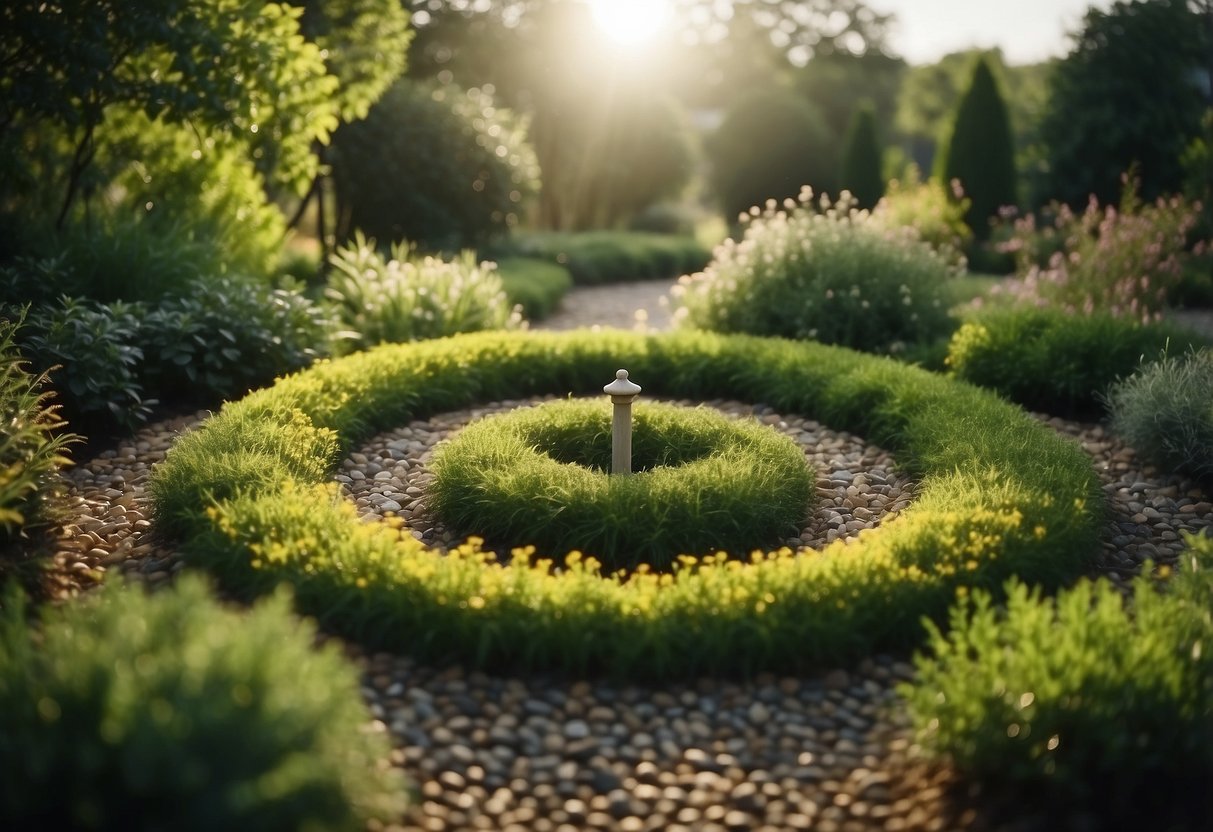 Ein ruhiger Garten mit 15 verschiedenen, kreisförmig angeordneten Naturelementen, der zur Achtsamkeit und zum Barfußlaufen einlädt