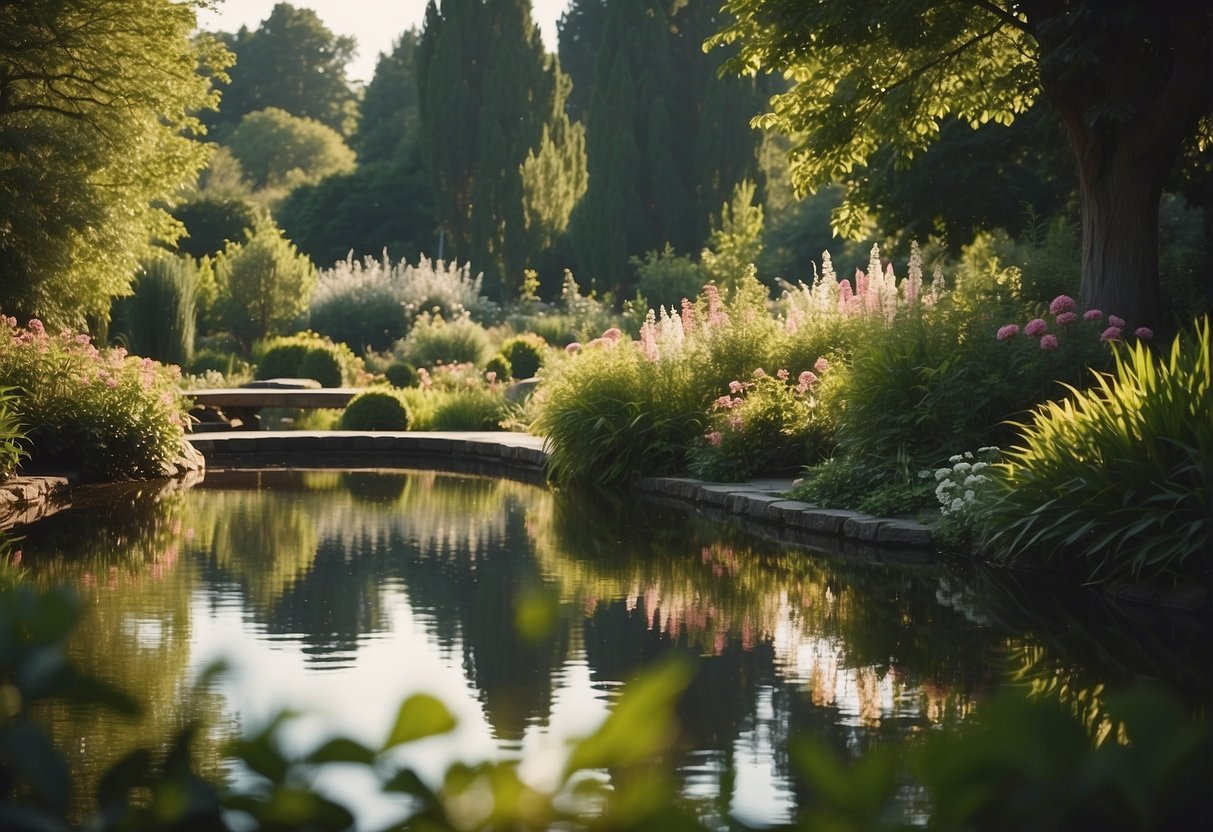 Ein ruhiger, sonnendurchfluteter Garten mit blühenden Blumen und einem friedlichen Teich, umgeben von üppigem Grün und sanft wiegenden Bäumen