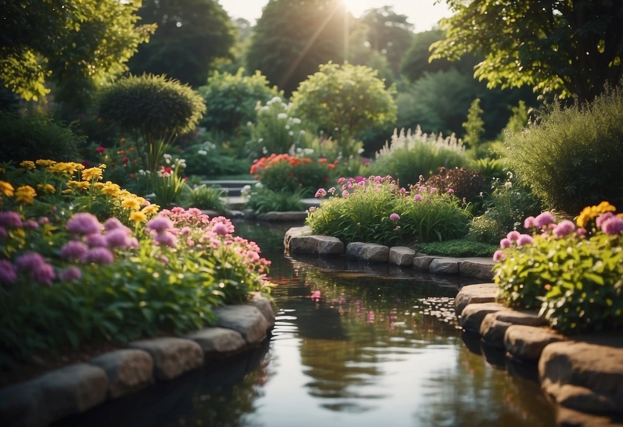 Ein ruhiger Garten mit fließendem Wasser, umgeben von üppigem Grün und bunten Blumen, der eine friedliche und meditative Atmosphäre schafft